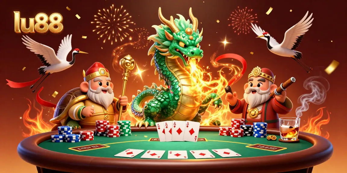 Engage in epic gaming adventures at lu88, featuring a dragon, turtles, and lucky cranes amidst casino excitement.