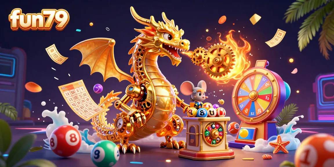 Experience excitement at fun79 with a golden dragon and dynamic lottery elements in a vibrant casino illustration.