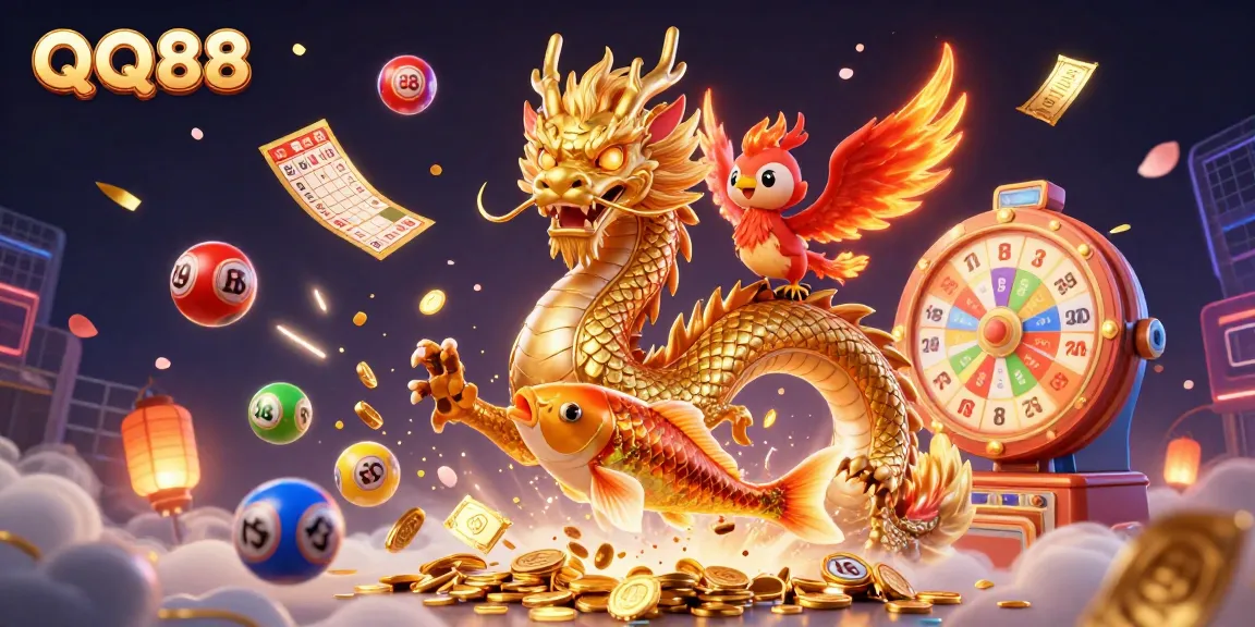 Experience the excitement of QQ88 with dynamic games and prizes in an enchanting casino illustration.