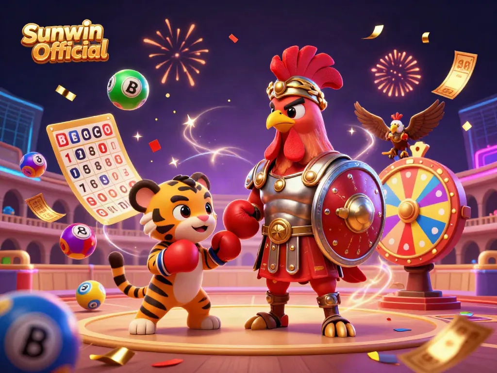 Engage with Sunwin Official’s thrilling gambling scene featuring a gladiator rooster in an arena with vibrant game elements.