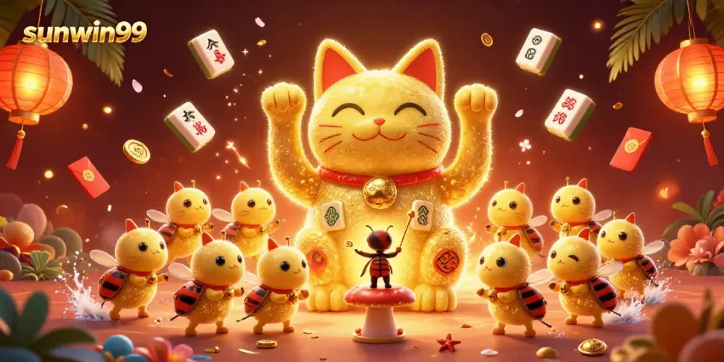 Experience the excitement of sunwin99 with a vibrant lucky cat scene full of casino elements.