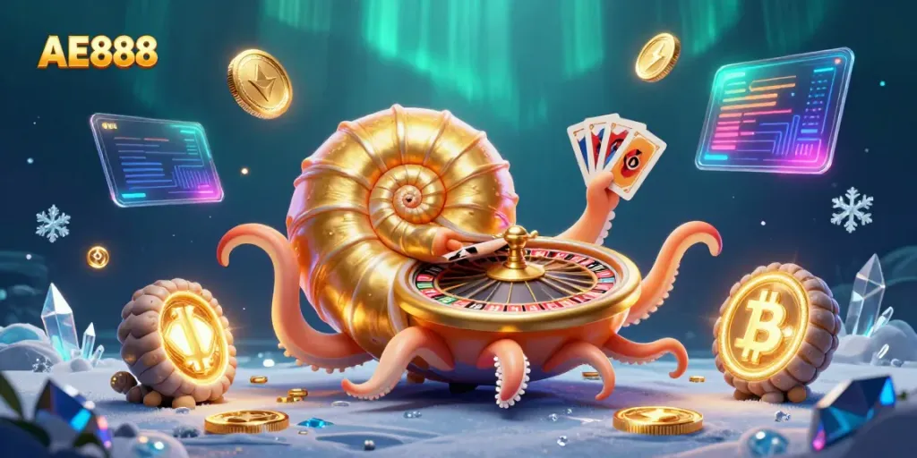 Join the excitement at AE888 with dynamic 3D characters embodying casino elements and cryptocurrency symbols.