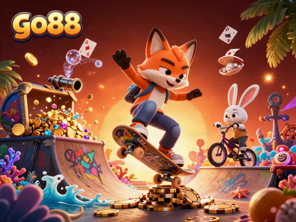 Engaging go88 scene with a skateboarder fox and BMX rabbit amidst vibrant casino-themed elements.
