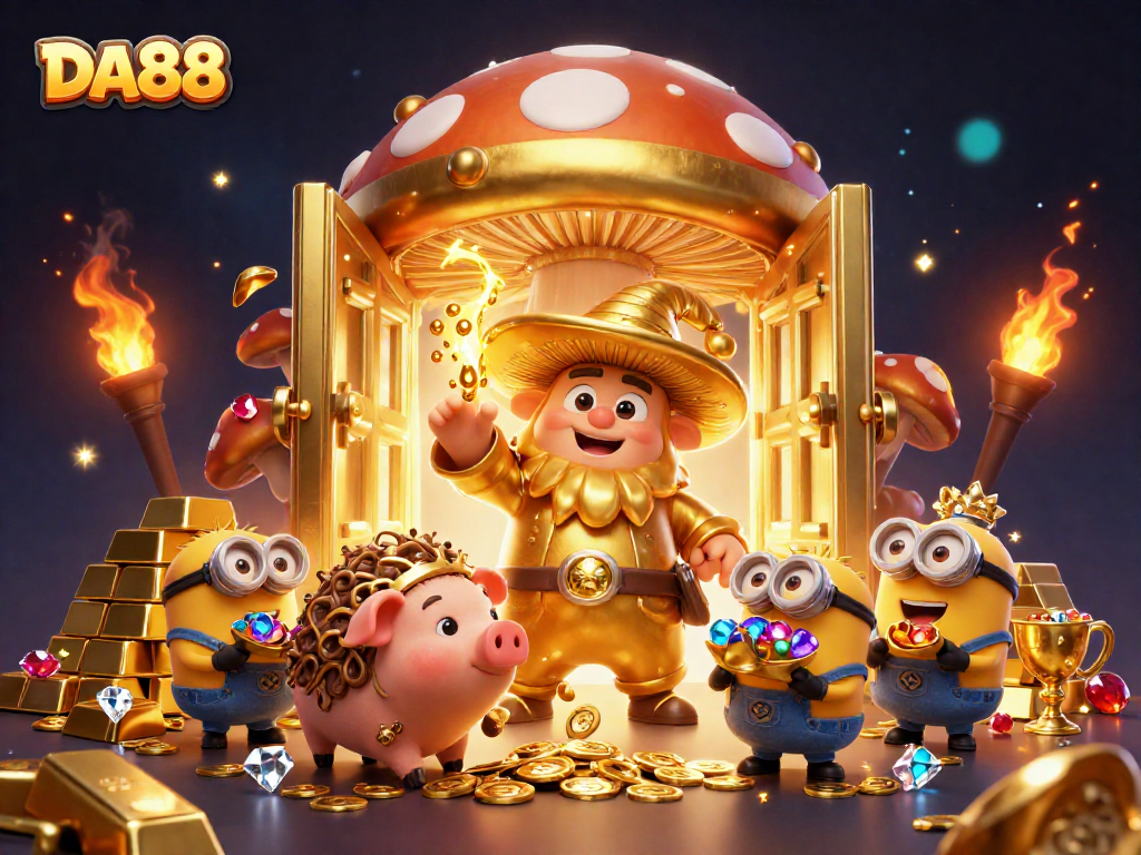 DA88 brings thrilling gold rush adventures with wizards and treasures in an enchanting casino illustration.