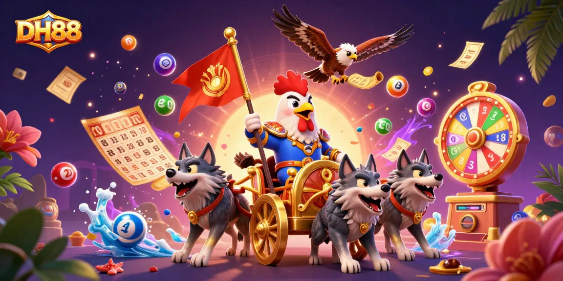 Experience thrilling gameplay at DH88 with an illustration of a rooster warlord and festivity elements.
