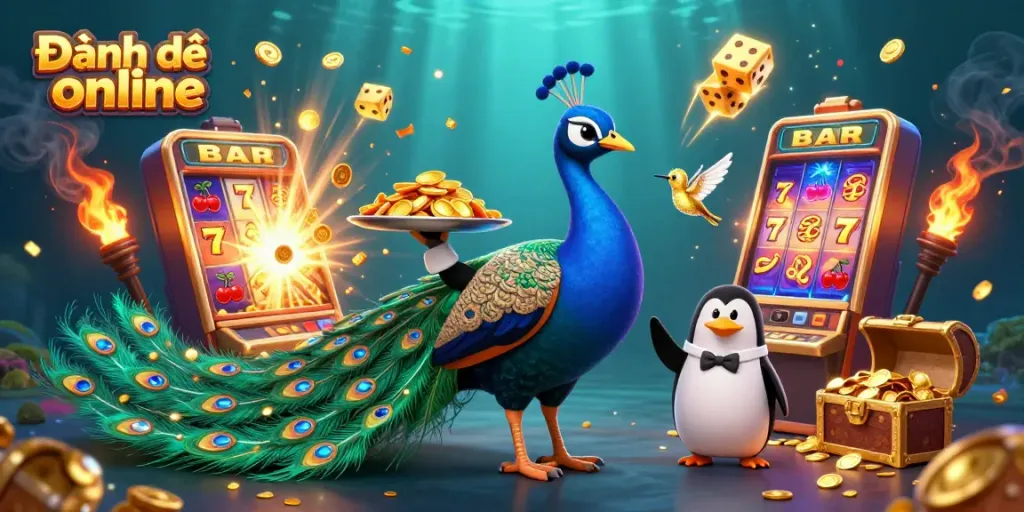 Experience Đánh đề online with vibrant casino scene featuring a peacock, butler penguin, and golden elements.