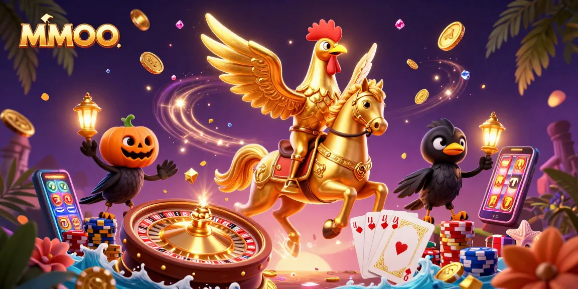 Experience thrilling MMOO action with a golden rooster gambler in a vivid casino atmosphere.