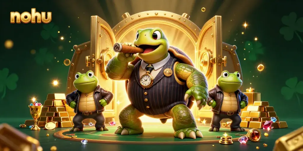Nohu gaming scene showcasing a snapping turtle in a suit and frog enforcers surrounded by treasures and casino lights.