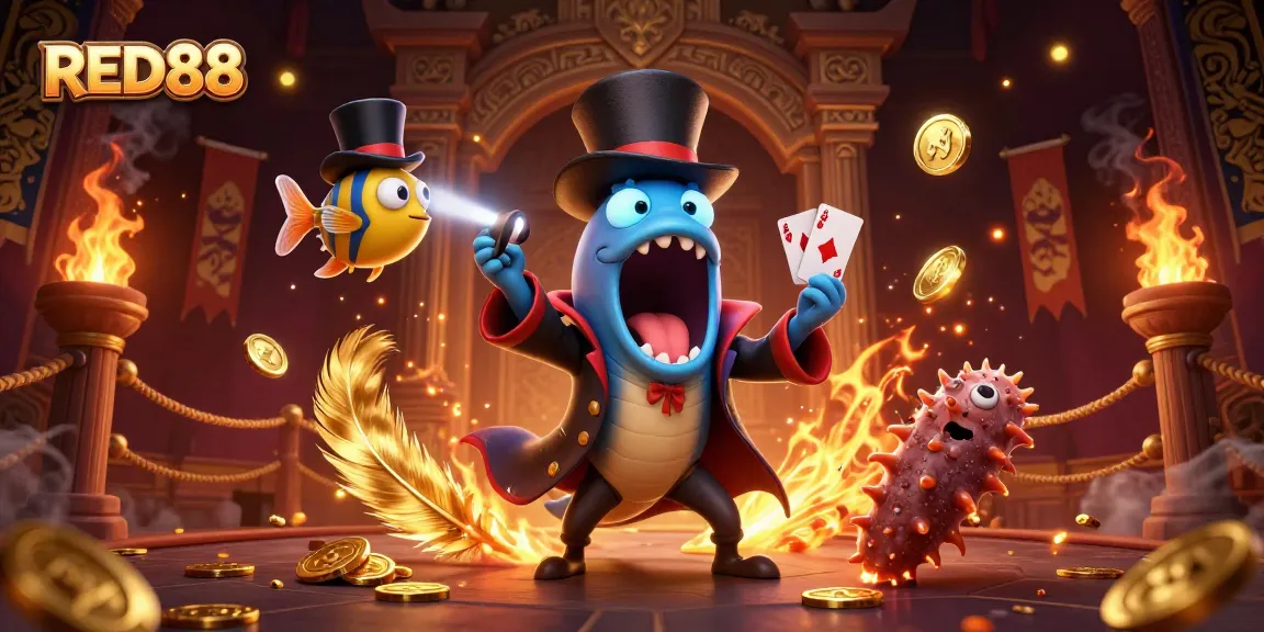 Experience the thrilling magic of RED88, where a deep-sea gulper eel performs card tricks amidst a vibrant casino setting.