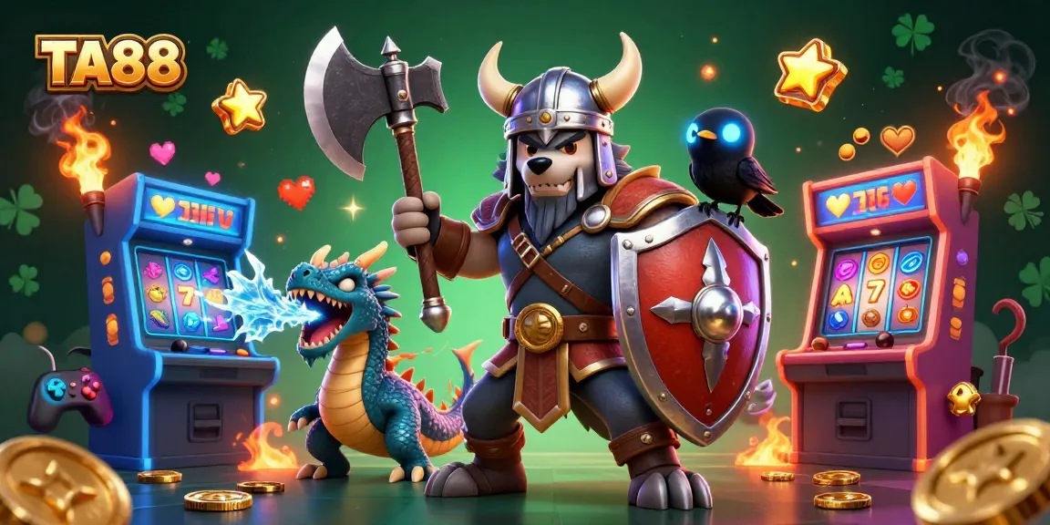 Experience thrilling gaming action with TA88 in a dynamic cartoon casino scene.