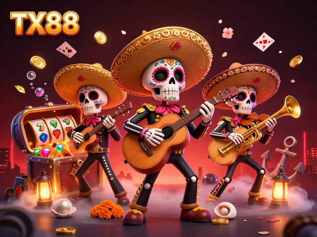 Experience TX88 thrills with a vibrant 3D casino illustration showcasing a lively mariachi band.