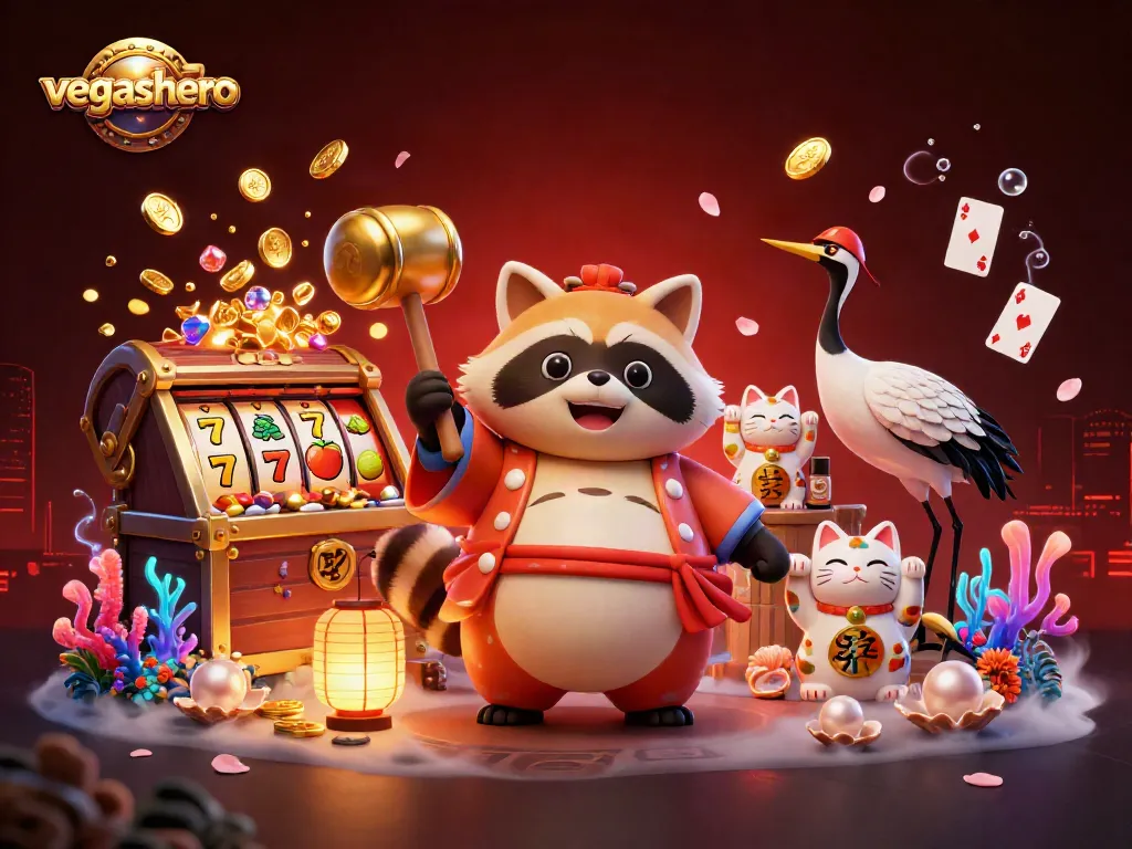 Engage with vegashero's vibrant gaming scene featuring cheerful characters and dynamic casino elements.
