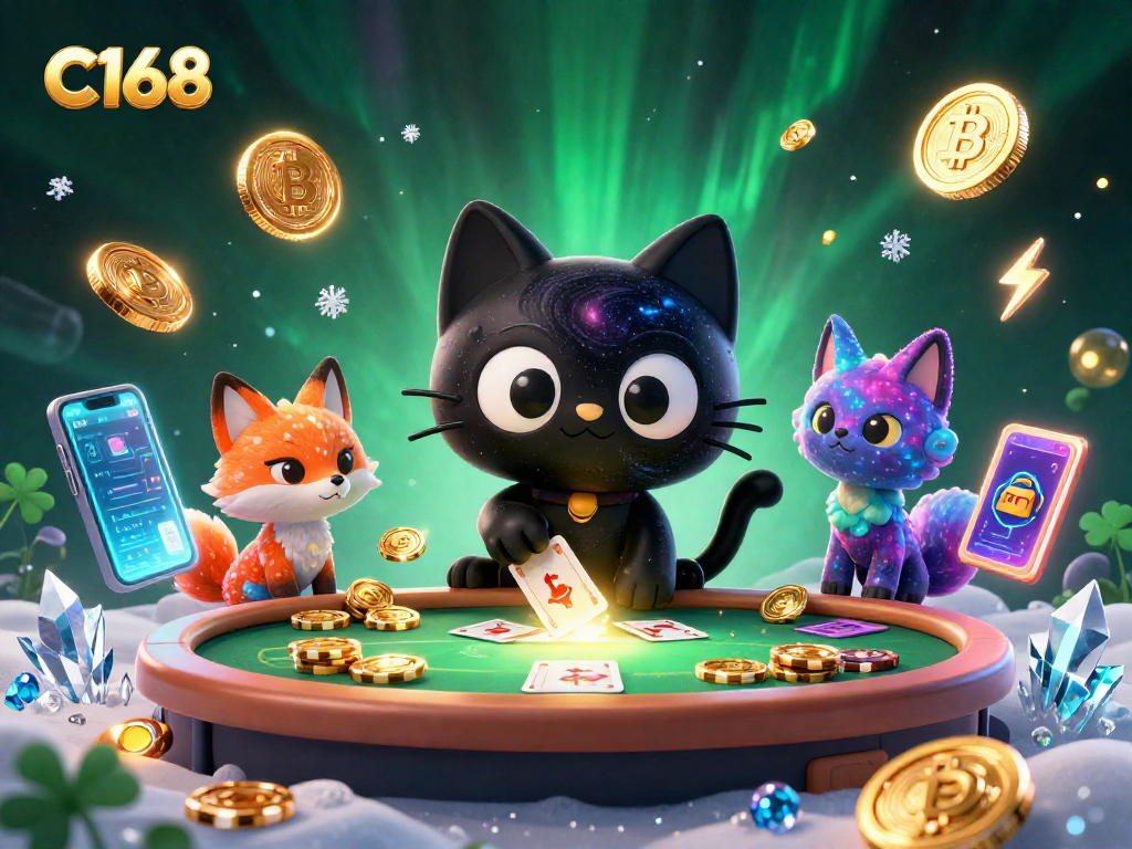 C168 attracts players at the cosmic casino table, pulling in golden chips and cards amidst vibrant elements.
