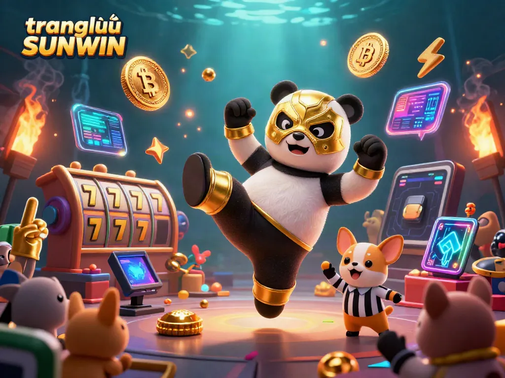 Engage with the vibrant gaming scene featuring "trang chủ SUNWIN" as a panda wrestler takes center stage surrounded by slots and crypto elements.