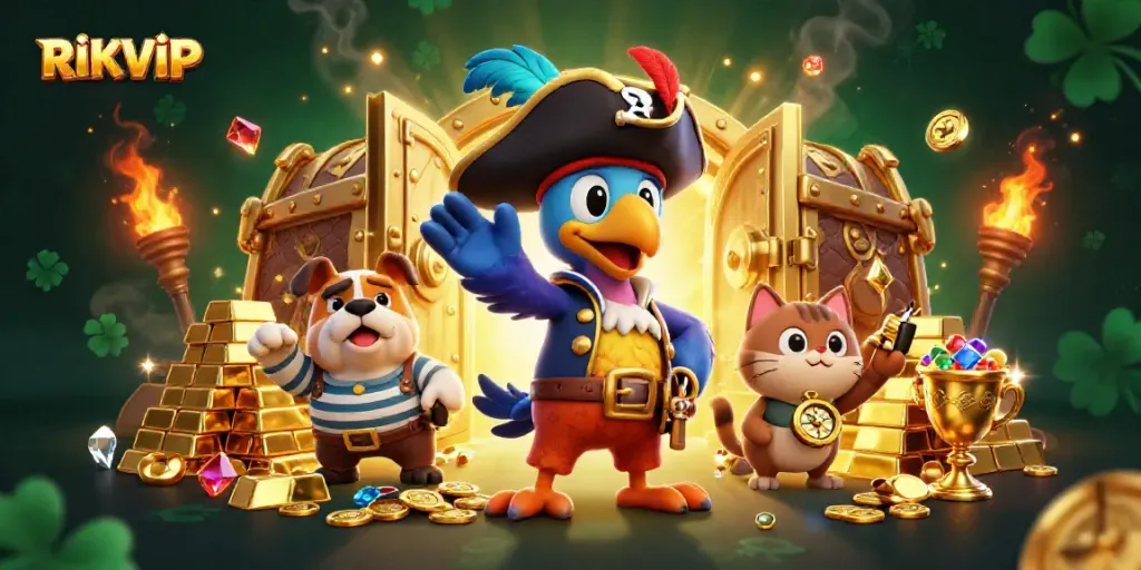 Engage with RIKVIP's exciting 3D pirate-themed casino illustration featuring treasures and dynamic characters.