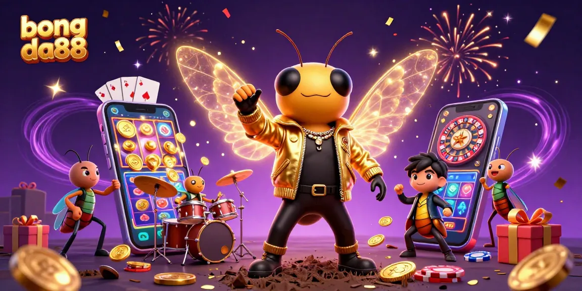 bong da88's vibrant 3D illustration featuring a cicada rock star and gaming elements celebrating casino strategy