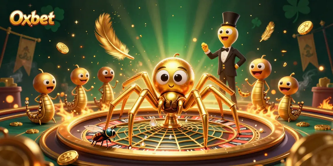 Engage with Oxbet's thrilling casino experience as the golden spider spins a roulette wheel for bets.