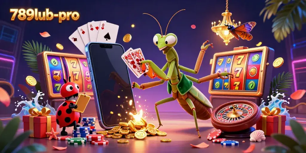 Experience the vibrant action of 789lub-pro with a colorful casino scene involving a giant praying mantis card sharp and dynamic slot elements.