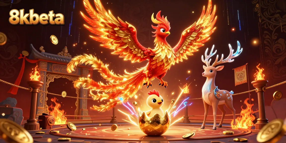 Bet on 8kbeta's vibrant casino scene featuring a phoenix, dynamic gaming elements, and rich details.