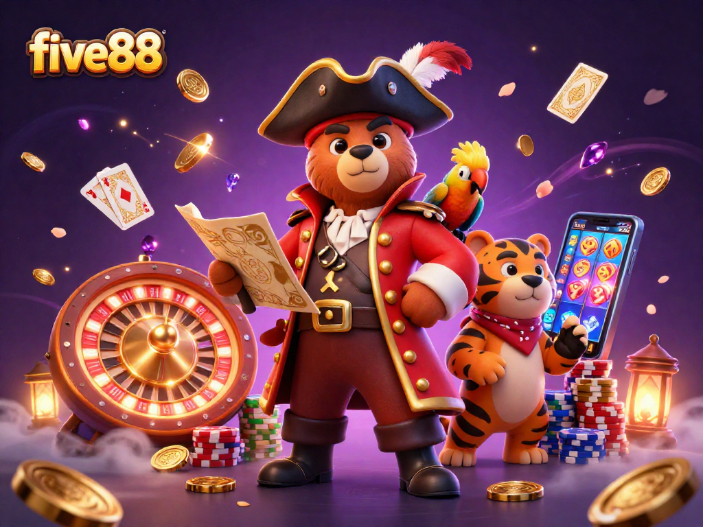 Experience thrilling action at five88 with pirates, treasures, and vibrant casino elements.