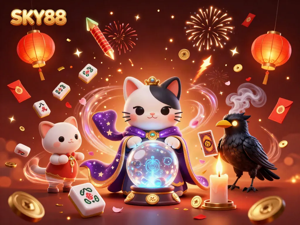 Engage in thrilling gameplay with SKY88, showcasing a fortune-teller cat, a raven dealing tarot cards, and festive elements.