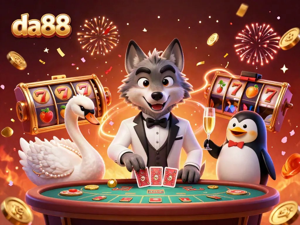 Experience thrilling gameplay at da88 with a debonair wolf, elegant swan, and sophisticated penguin in a vibrant casino scene.