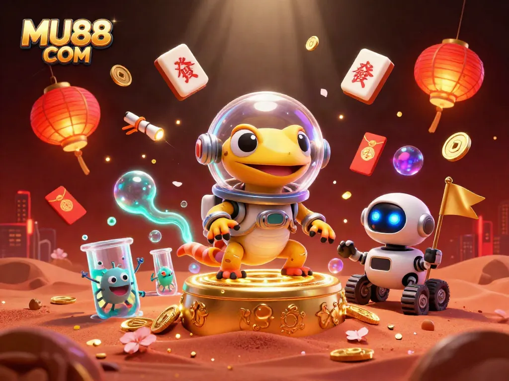 Experience exciting gaming action at MU88 COM, featuring vibrant characters exploring a golden casino in an alien landscape.