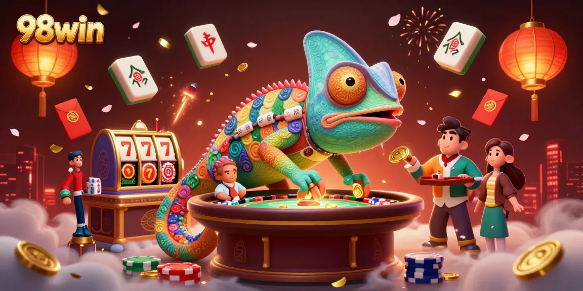 Engage in thrilling slots with 98win, where a colorful chameleon casino owner captivates players among golden prizes.