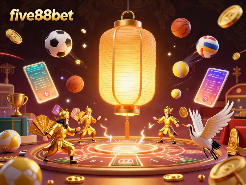 Experience the vibrant energy of five88bet's golden casino world with dynamic sports action and glowing treasures.