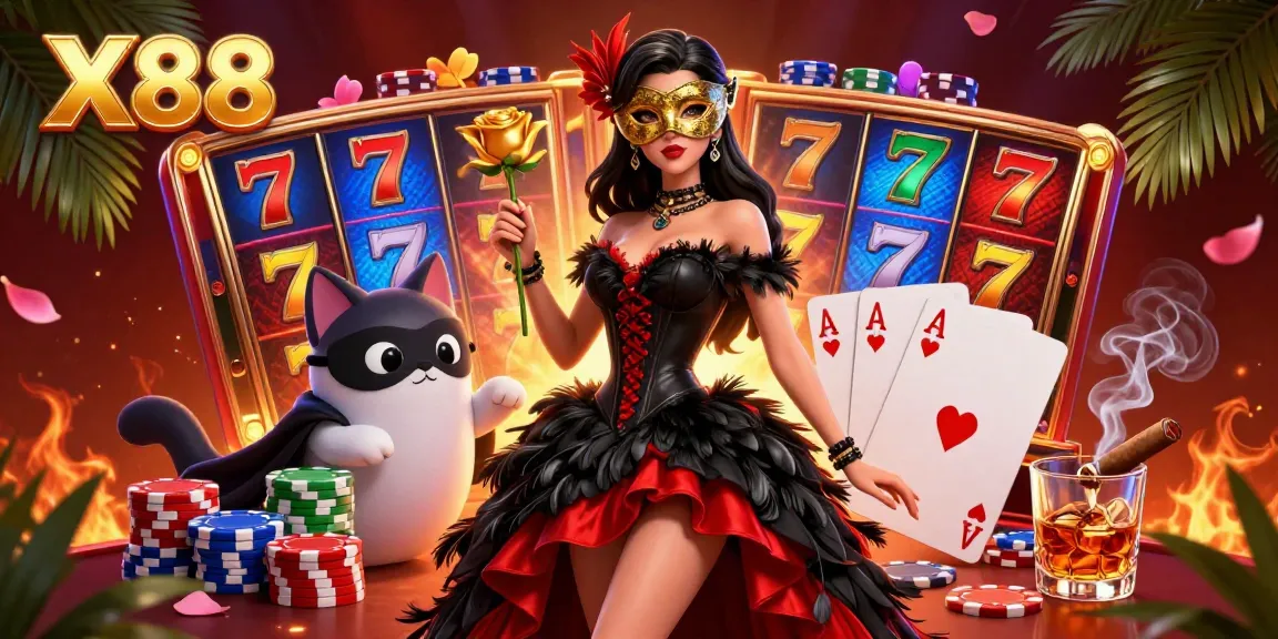 X88 showcases a vibrant slot gaming scene with a stunning woman in a gown, dynamic jackpot reels, and colorful chips.