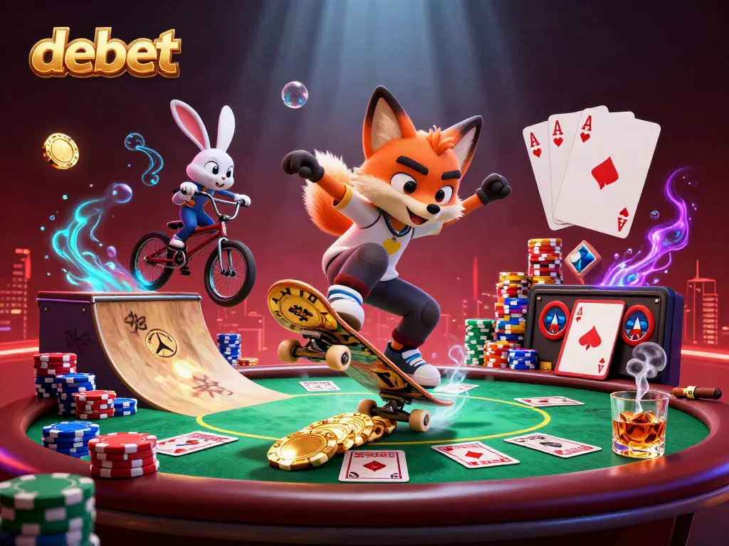Experience debet action with a skateboard fox and BMX rabbit in a vibrant casino scene.