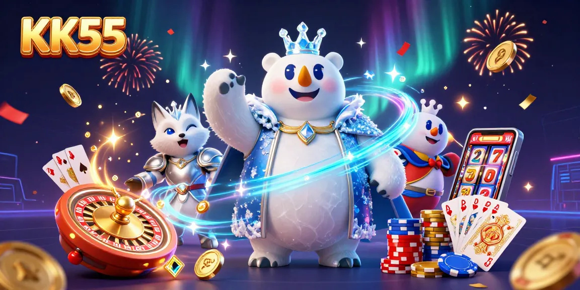 Experience the thrilling games at KK55 with the ice king and snow fox in a dazzling casino scene.