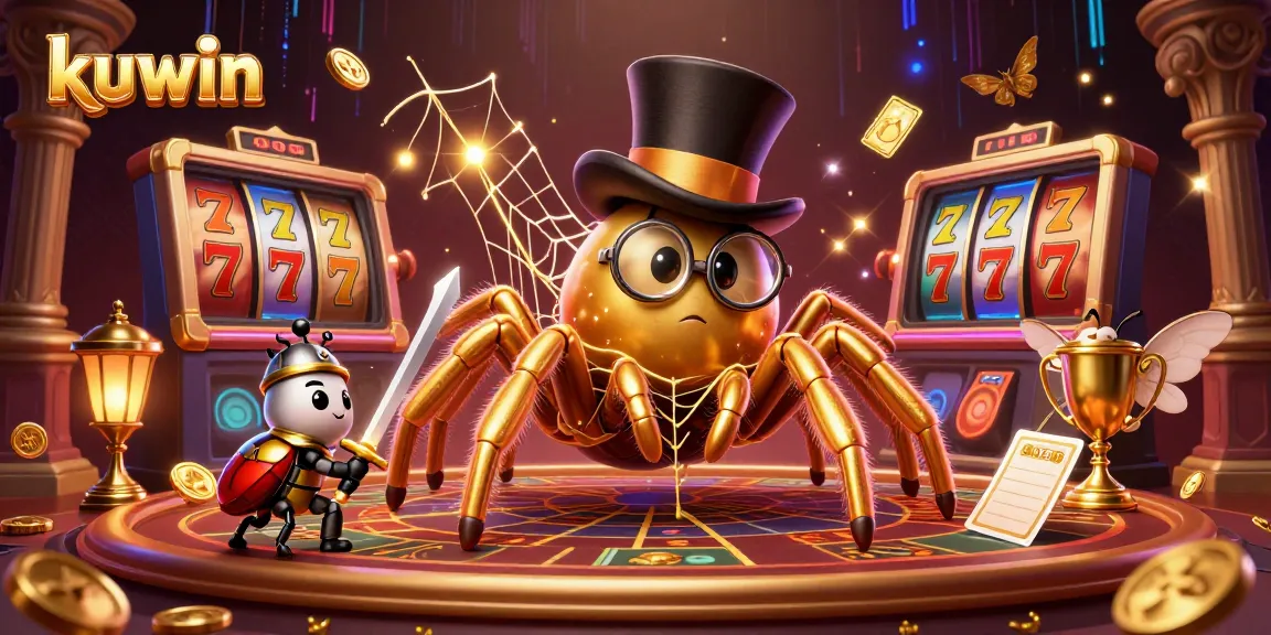 Kuwin offers thrilling jackpot opportunities with a 3D golden tarantula weaving golden webs in a casino setting.