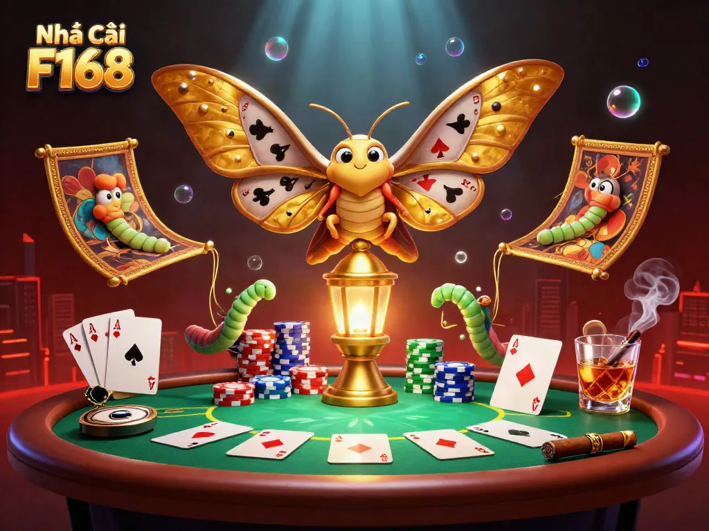 Experience the thrill of Nhà cái F168 with vibrant casino elements and fantasy moths in this dynamic scene.