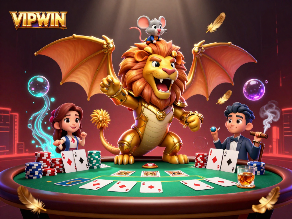 Experience VIPWIN's thrilling poker adventure with a roaring chimera and mouse jockey amidst vibrant casino action.
