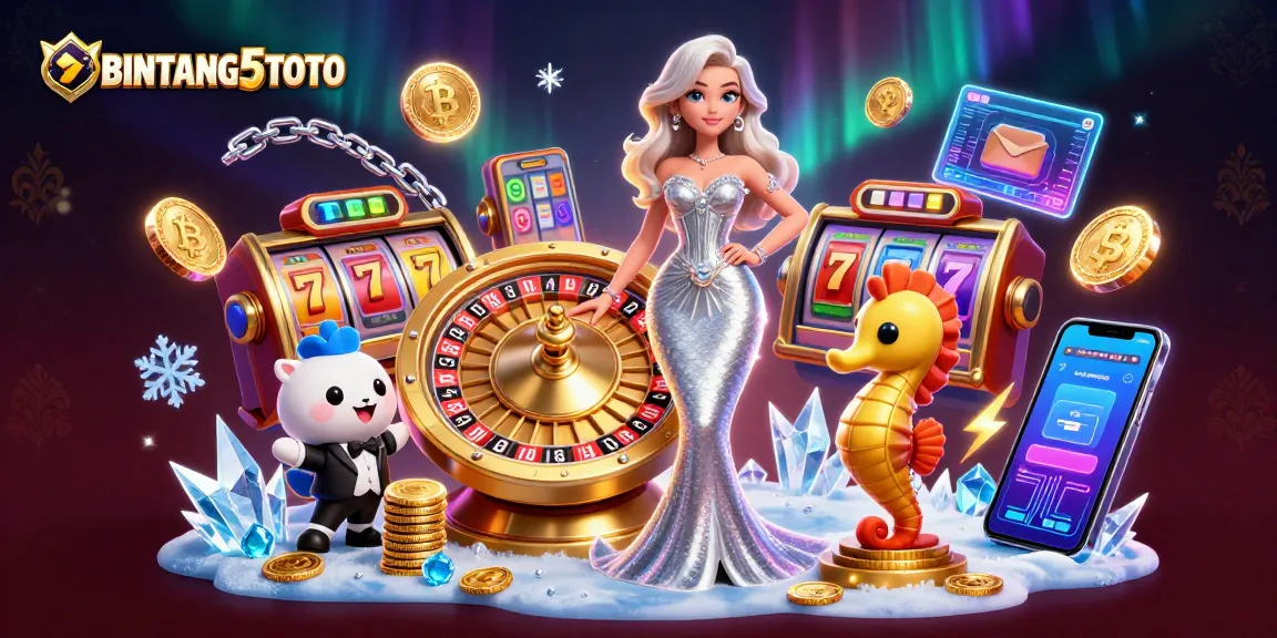 BINTANG5TOTO showcases a vibrant 3D casino scene with a glamorous character and dynamic elements of gaming.