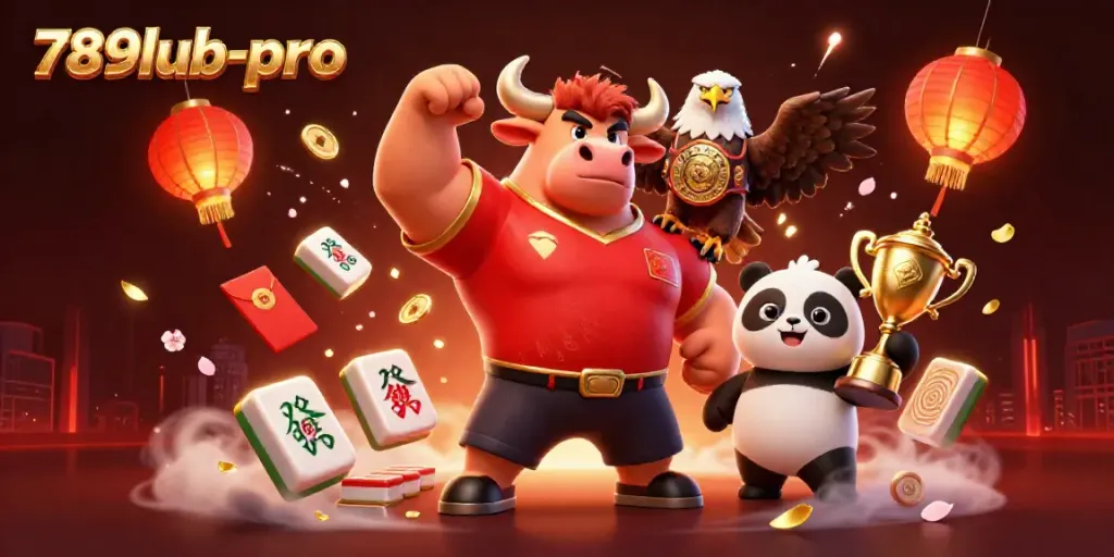 Engage in gaming excitement with 789lub-pro featuring a bull mascot, eagle, and panda trophy.