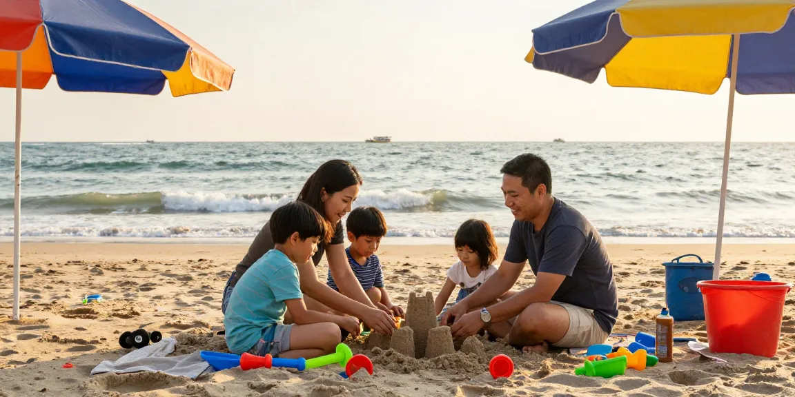 Family enjoying a sunny day at Jakarta's Ancol Beach, building sandcastles and playing.