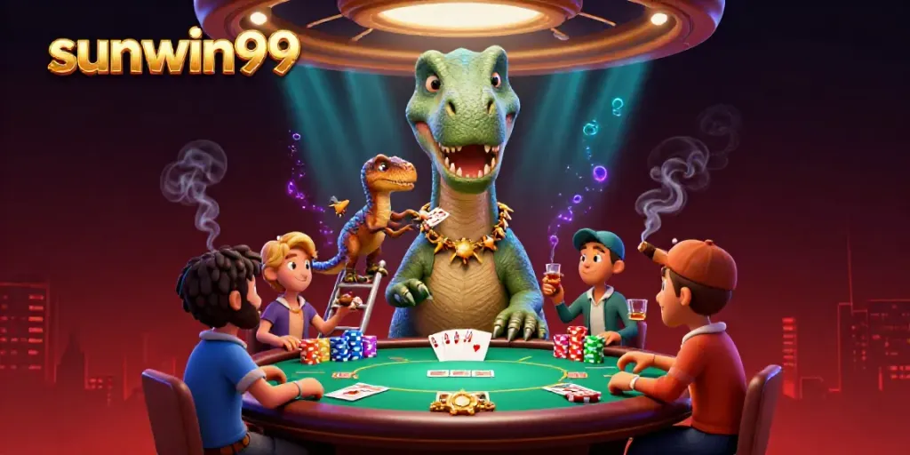 Experience thrilling poker action with sunwin99's unique 3D cartoon characters in a vibrant casino scene.
