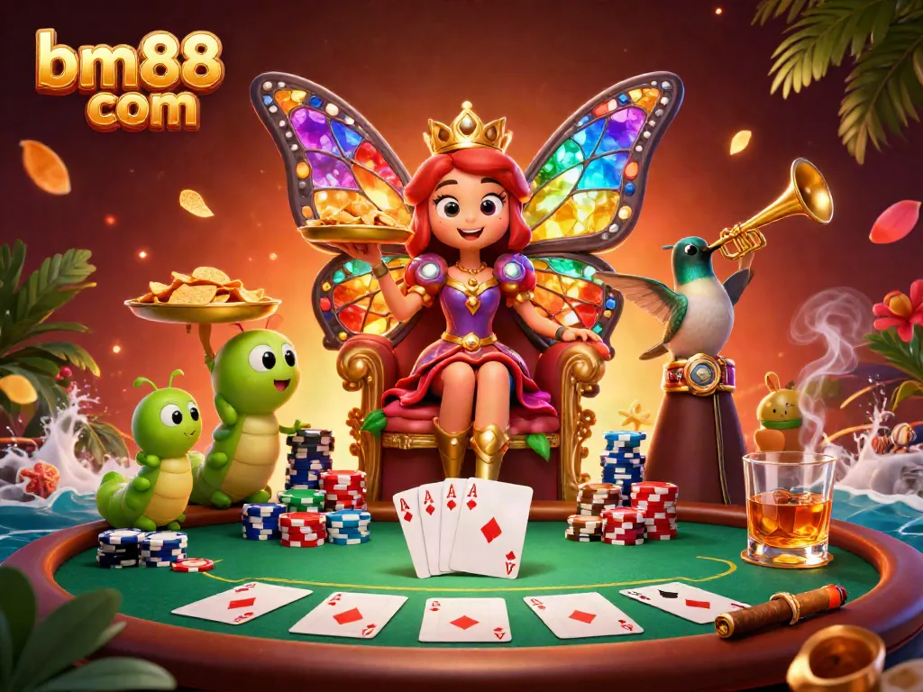 Experience the vibrant gaming scene at bm88 com with a cartoon butterfly queen and poker elements.