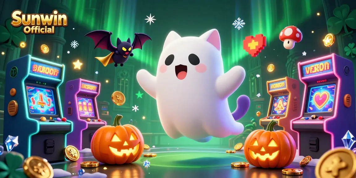 Experience fun with Sunwin Official as the ghost cat discovers floating games and glowing poker elements.