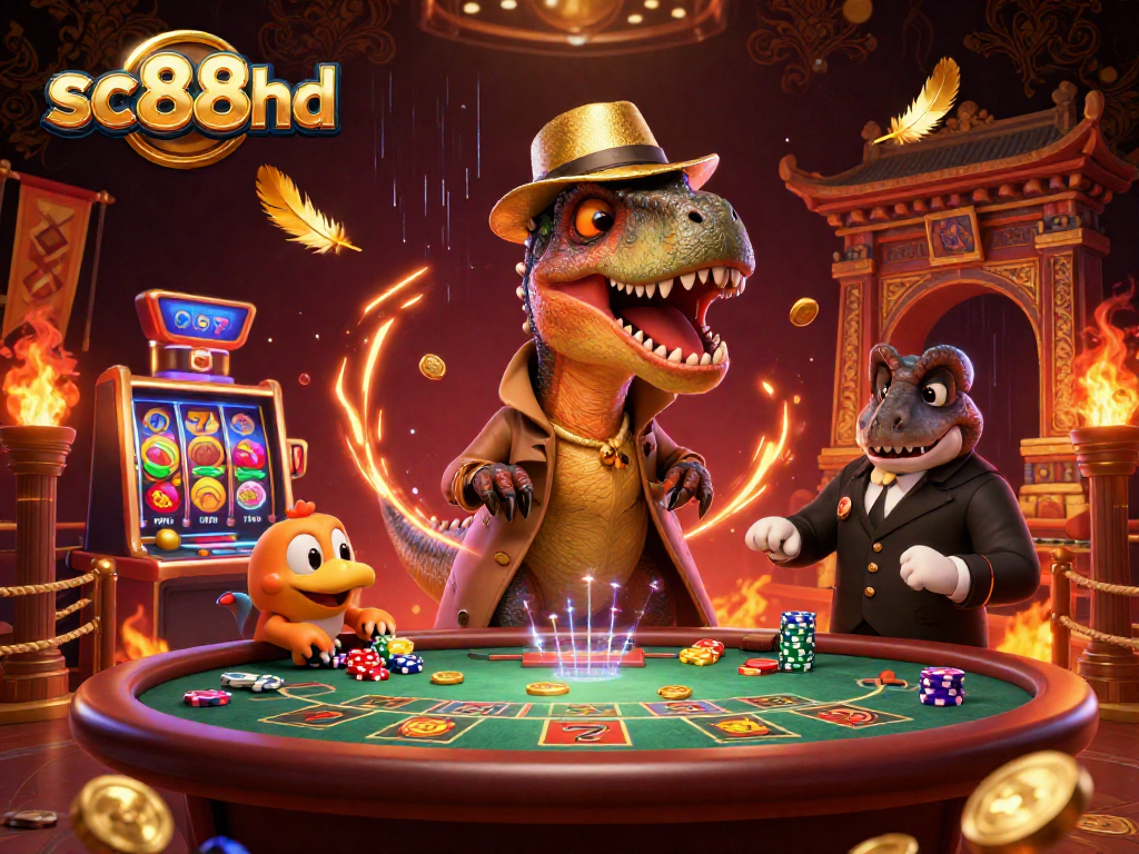 sc88hd showcases a velociraptor card counter amid a vibrant casino scene, blending thrilling elements.