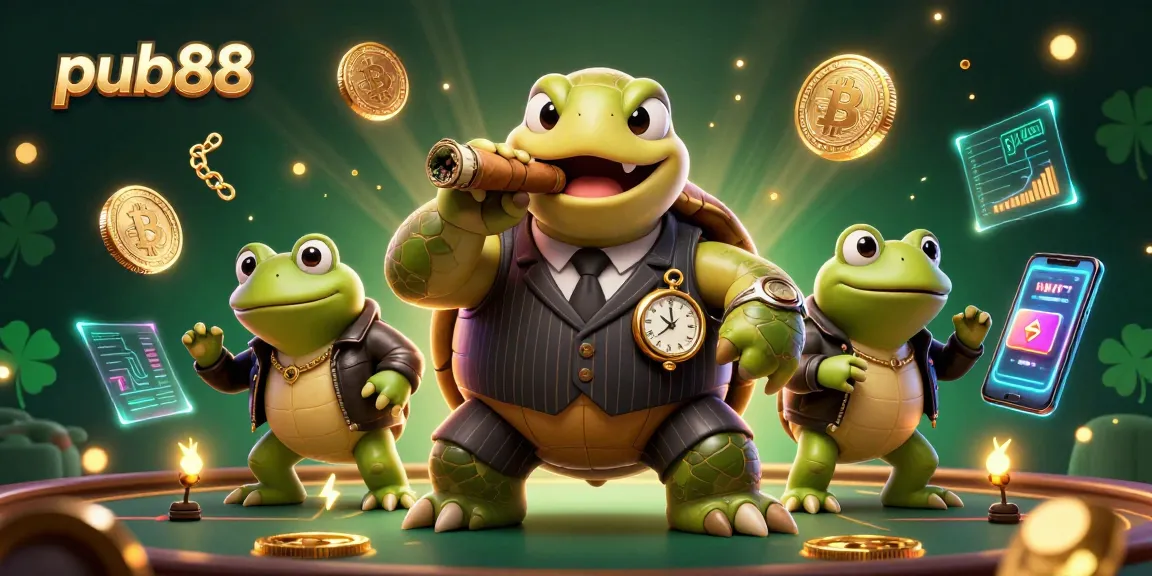 Engage in thrilling gaming at pub88 with a dynamic 3D casino scene featuring a mobster turtle and frog enforcers.