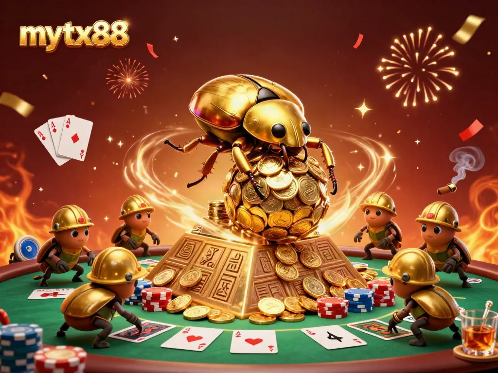 Join the action at mytx88 with a lively 3D casino scene featuring golden beetles and poker excitement.