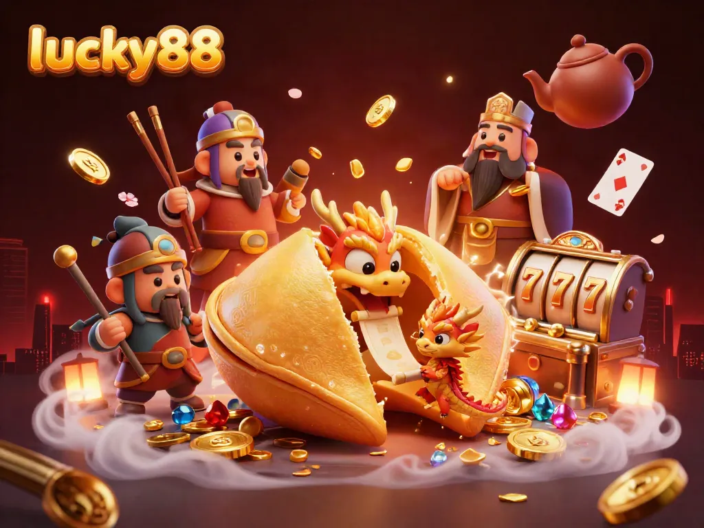 Engage with lucky88's thrilling gaming experience depicting a fortune cookie with a wise dragon for casino excitement.
