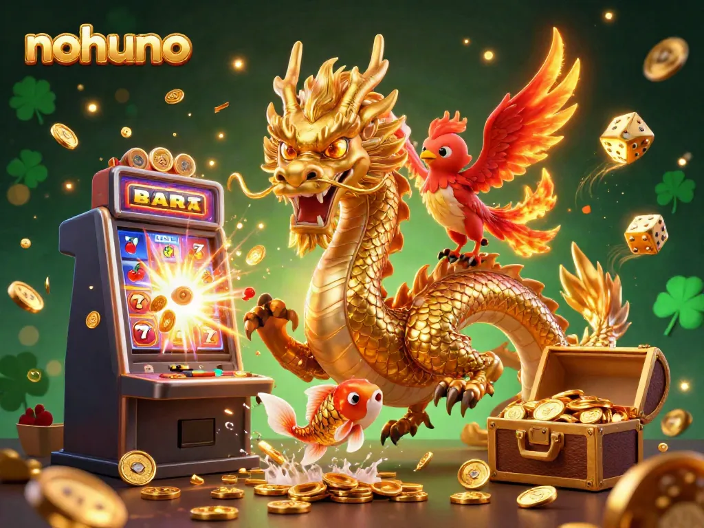 Experience the excitement of nohuno with a golden dragon and vibrant casino elements in a dynamic illustration.