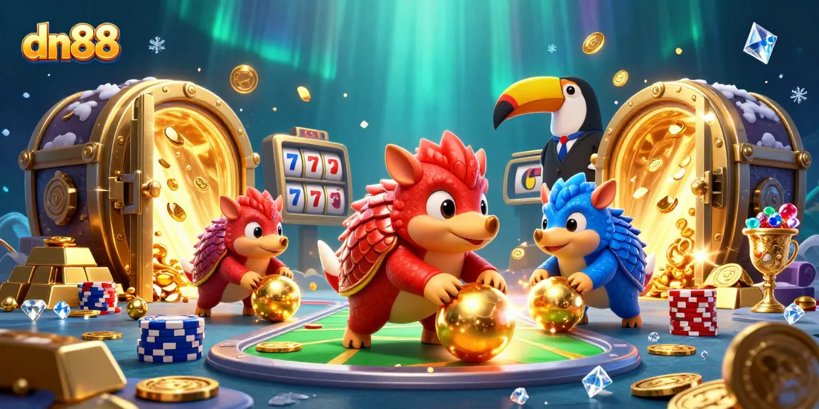 Win big at dn88 with an exciting scene of pangolins bowling through poker chips amidst lavish casino treasures.