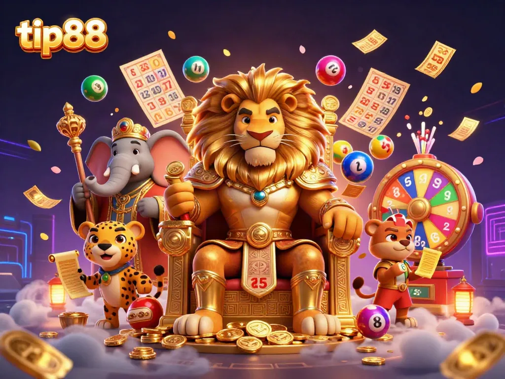 Engage with tip88's lottery action featuring a lion king surrounded by exciting prizes and vibrant elements