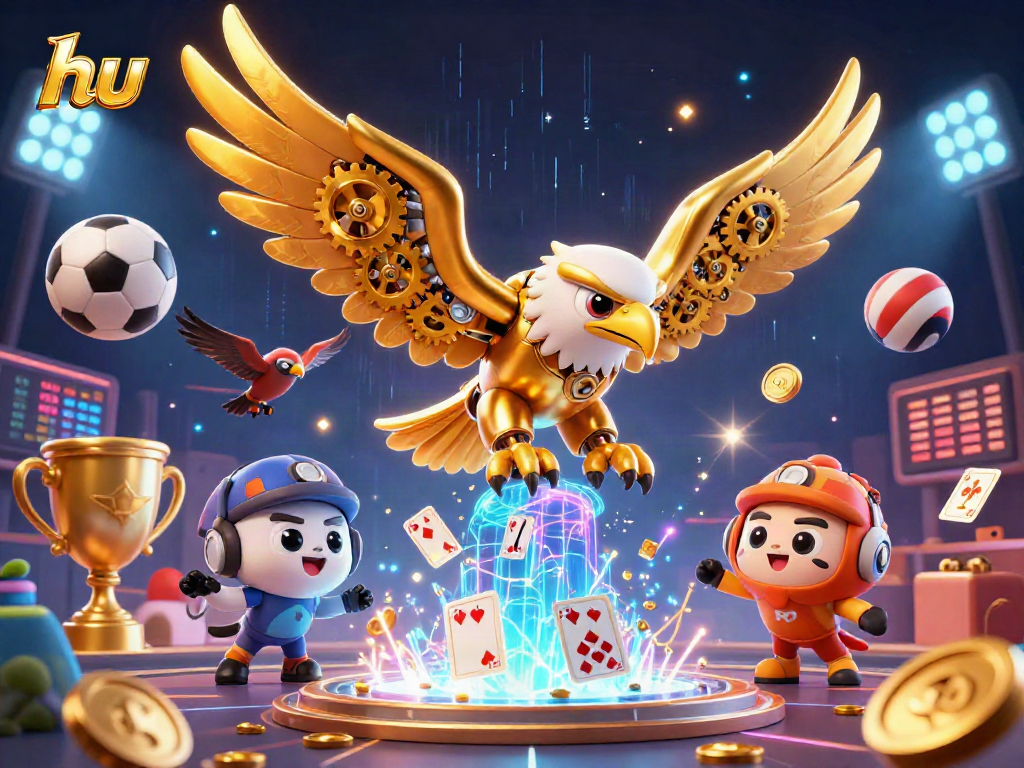 Bet and win with hu in a vibrant casino sports scene featuring a cybernetic eagle.
