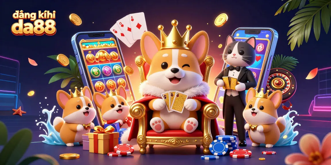 Get ready to play at đăng ký da88 with vibrant gaming elements and a royal corgi character!